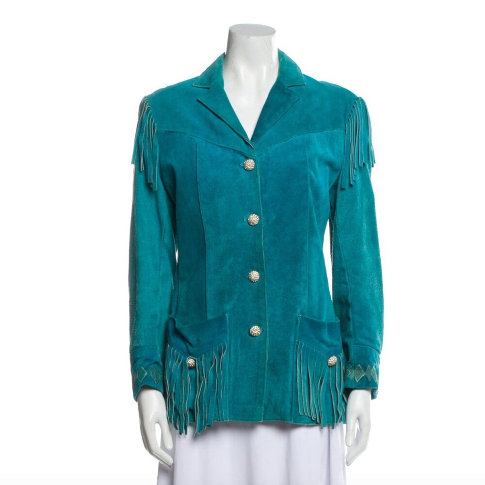Neiman Marcus Turquoise Suede Fringe Jacket with Rhinestone Buttons